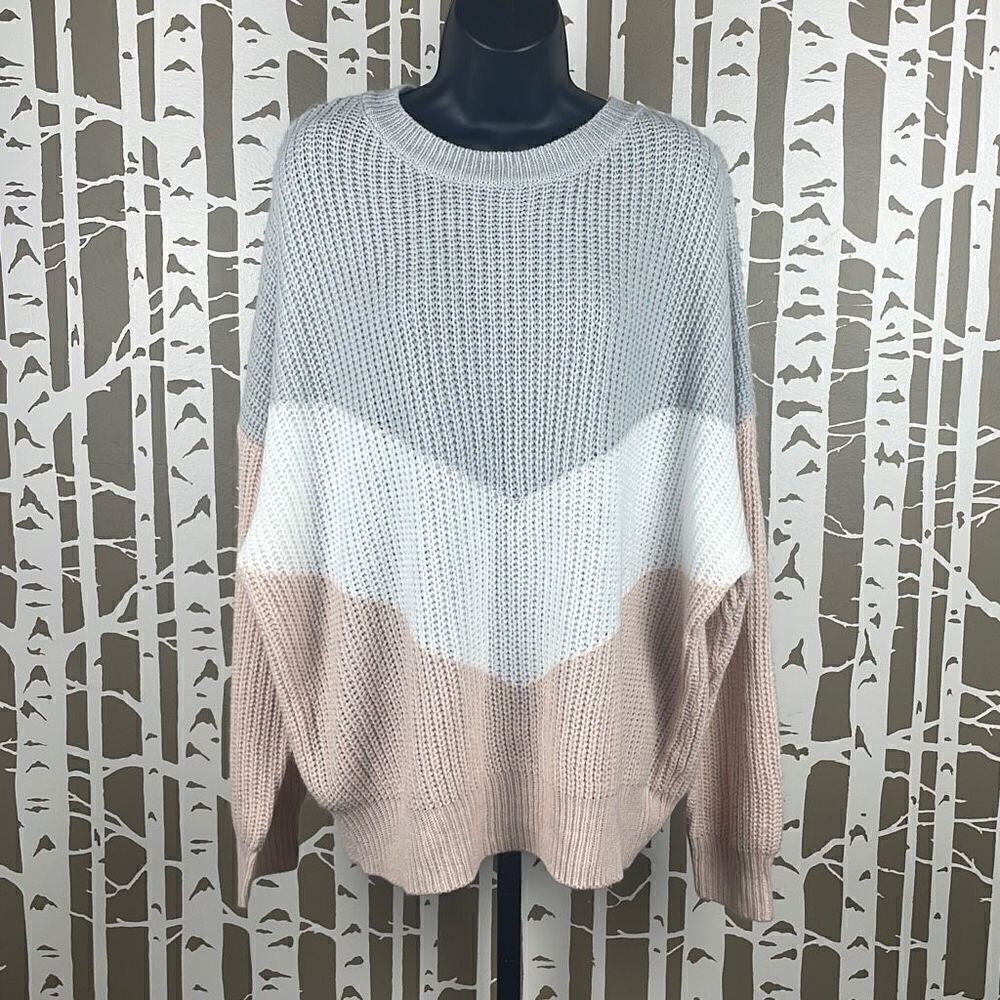 Chevron Cable Knit Crewneck Sweater XL Blush, Gray, White